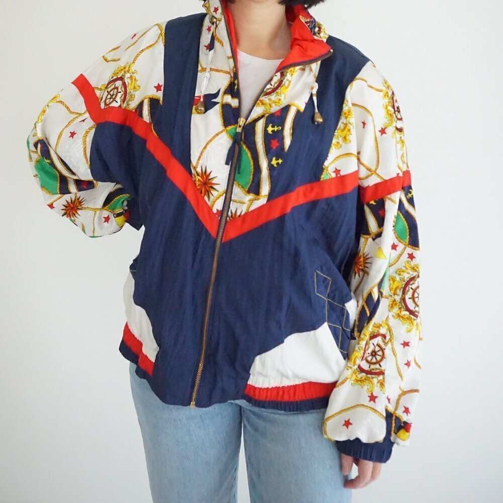 Vintage R.E. Sport Navy White Nautical Sailor 100% Nylon Zip Up Jacket L